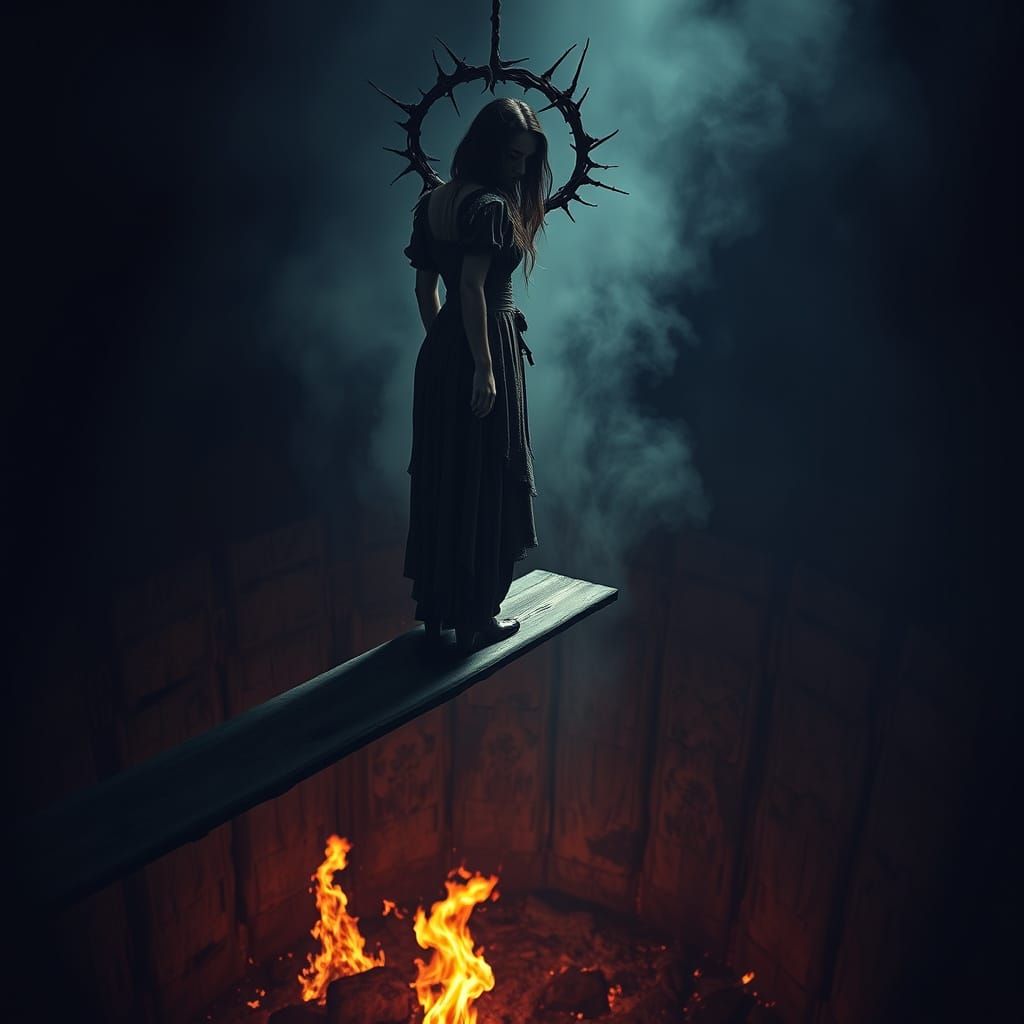 Gothic Woman Suspended Above Fiery Abyss in Macabre Halo