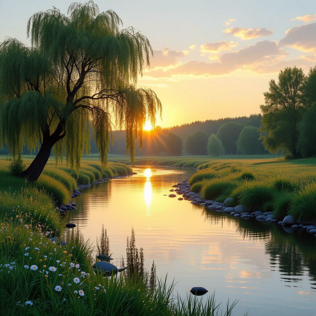 Idyllic Riverside Sunset Landscape with Willow Tree