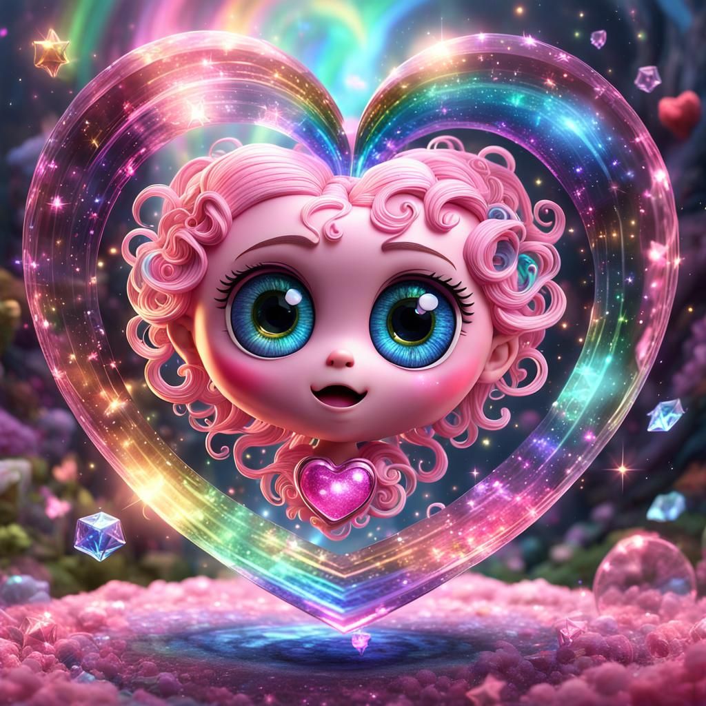 A sparkling pink crystal heart with wide chibi-style eyes