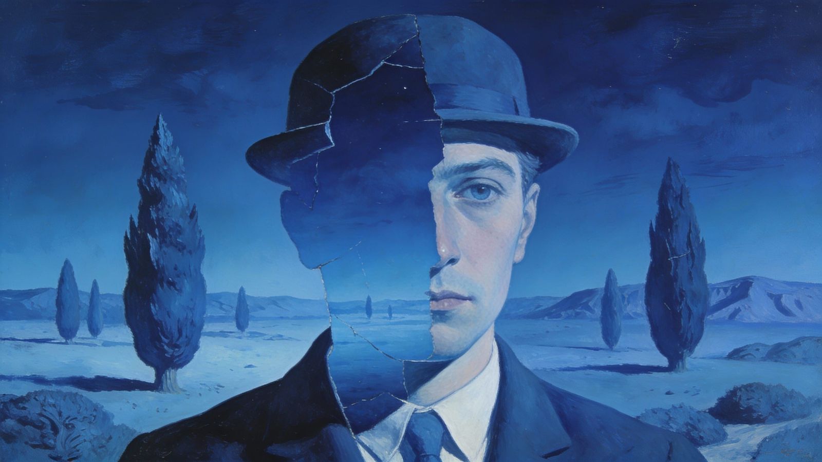 Surrealist Blue Self-Portrait in Dreamscape