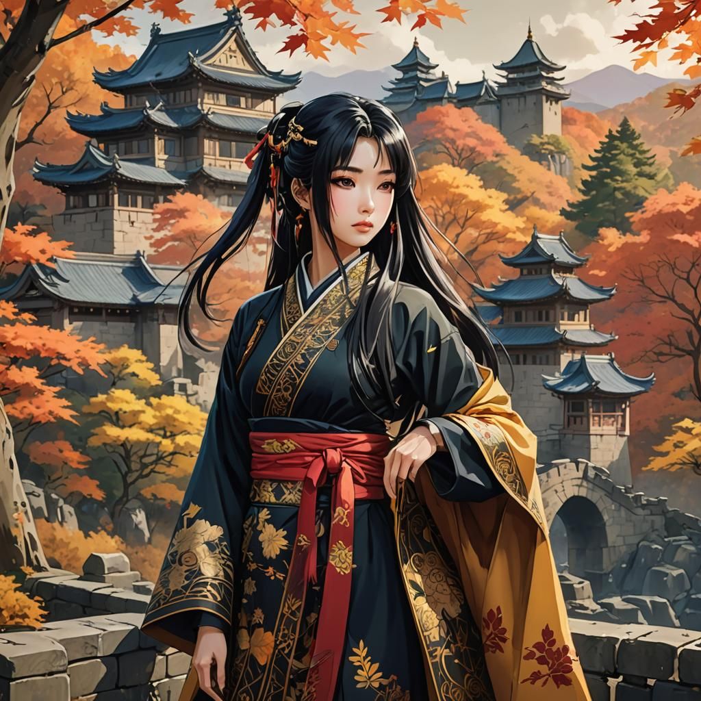 Anime Japanese Woman at Scottish Castle in Autumn