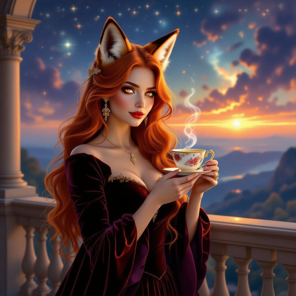 Fox-Eared Woman with Celestial Teacup on Nebula Balcony