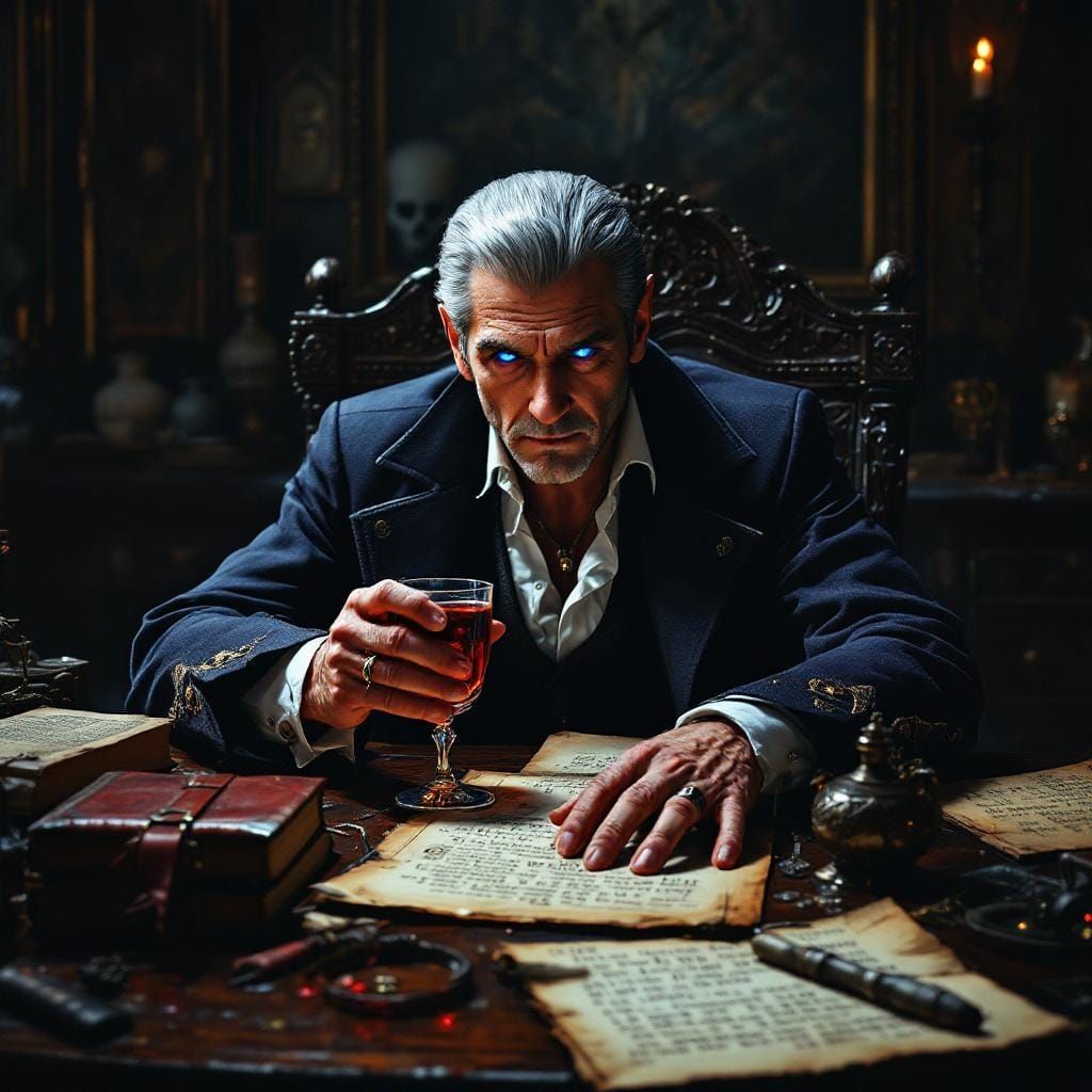 Vampire in Dimly Lit Study with Ancient Artifacts