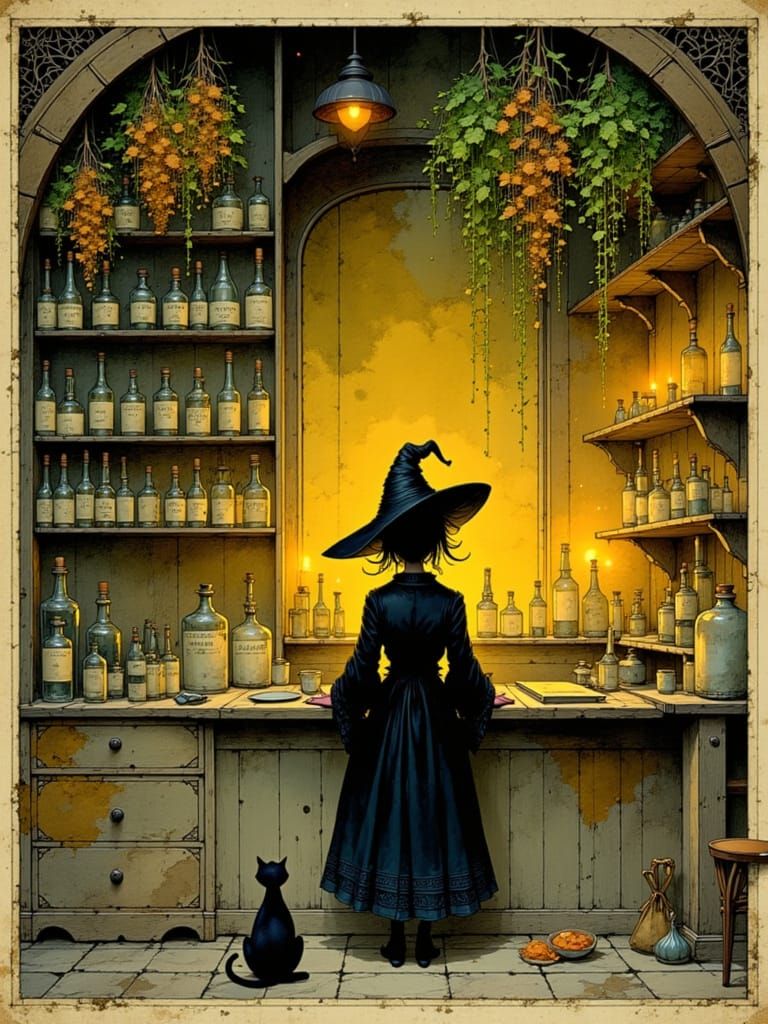 Vintage Witch Apothecary Scene in 19th Century Engraving Sty...