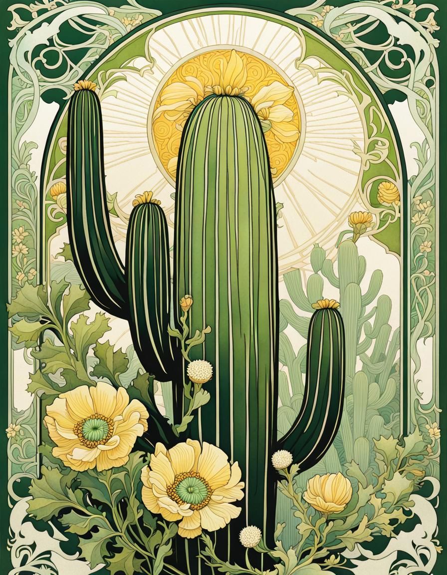Art Nouveau Saguaro Flowers Illustration