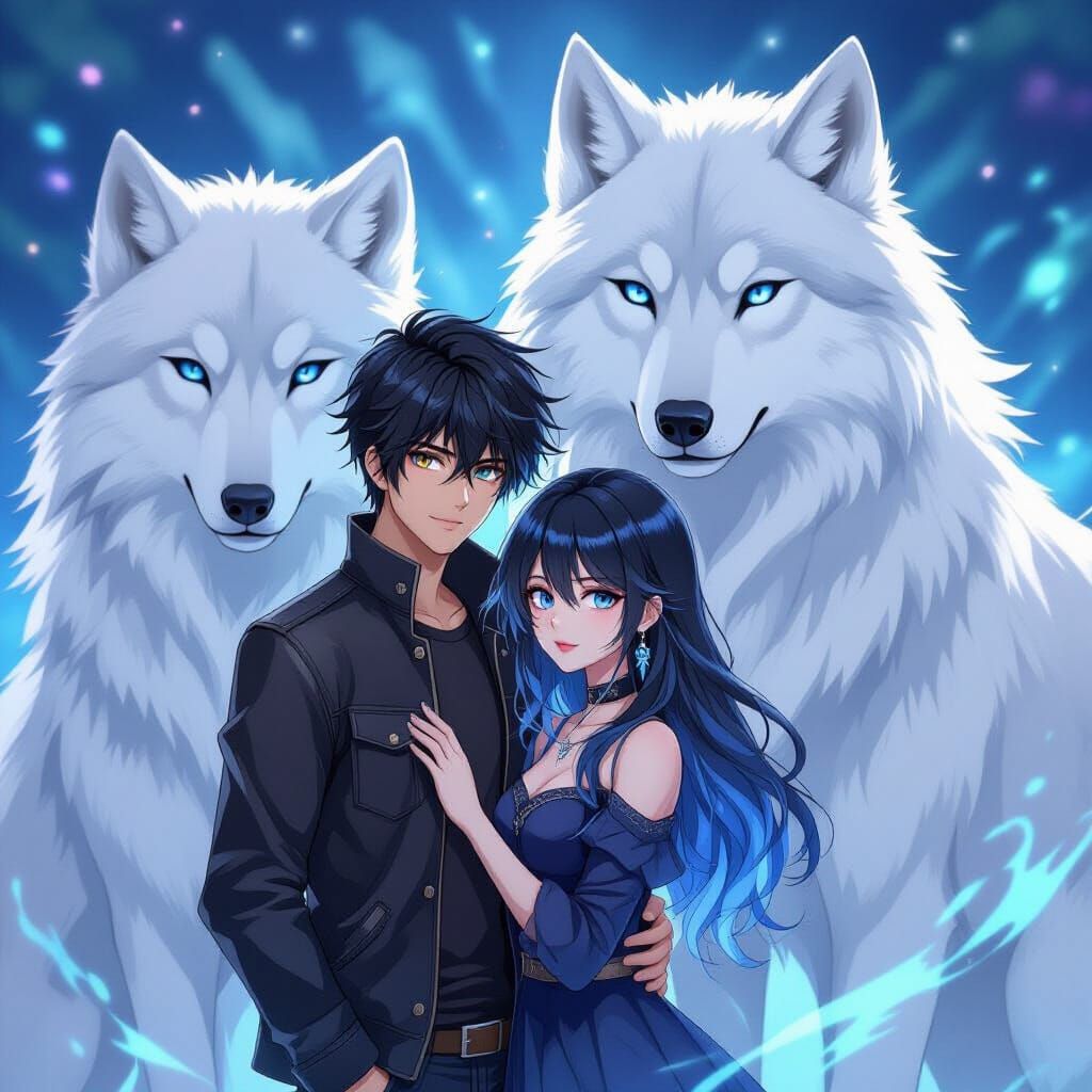 Manga Couple With Wolves in Ethereal Forest