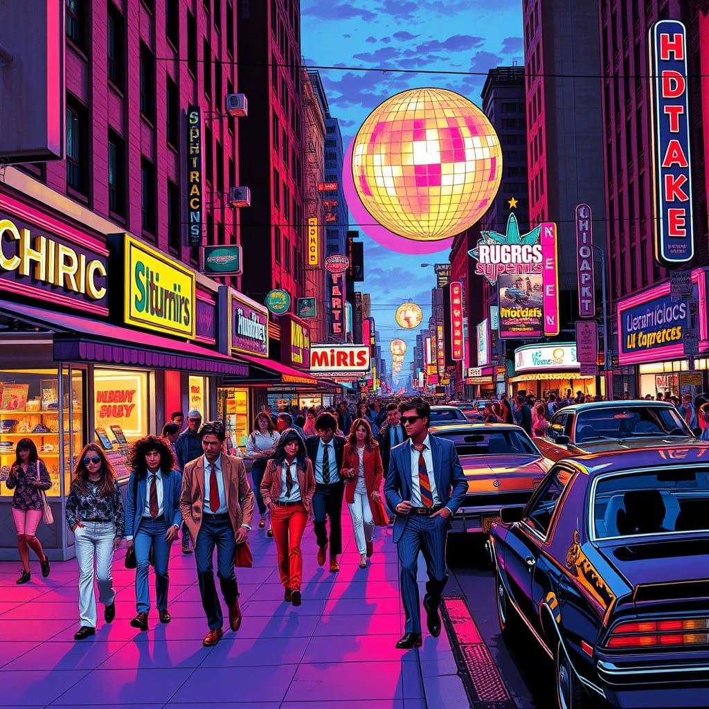 Vibrant 80s City Street in Bold Neon Style