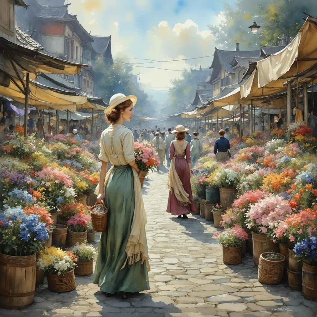 Impressionistic Flower Market Scene in Vibrant Colors