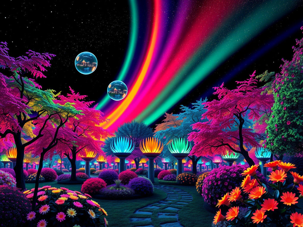 Bioluminescent Rainbow Garden with Aurora Sky