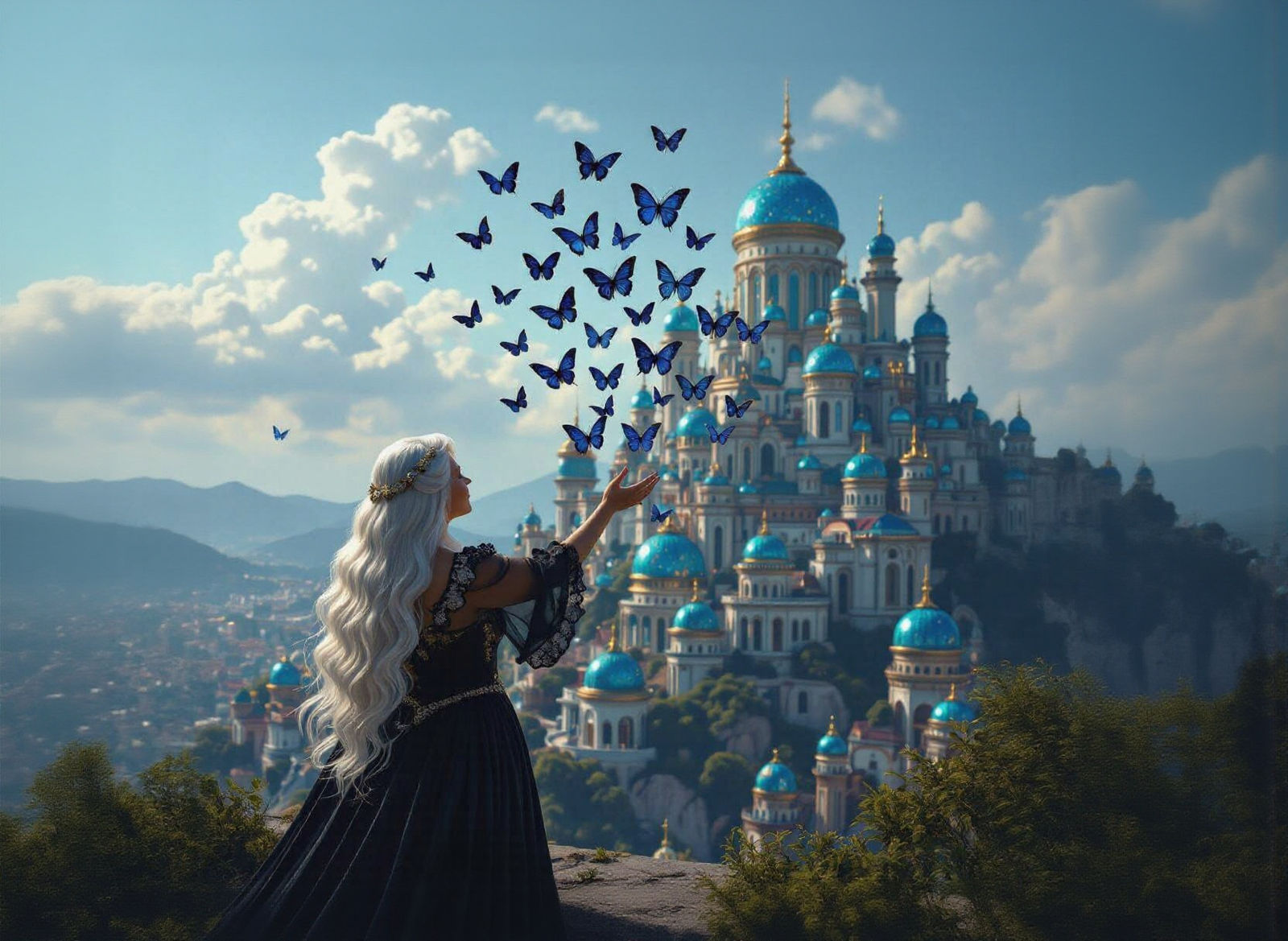 Fantasy City with Blue Domes and Woman Summoning Butterflies