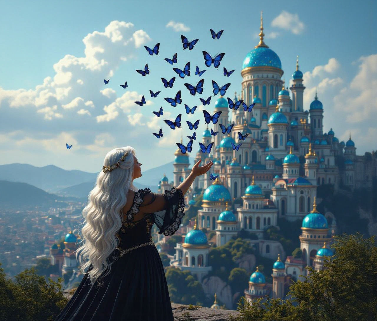 Fantasy Cityscape with Blue Domes and Butterfly Swarm