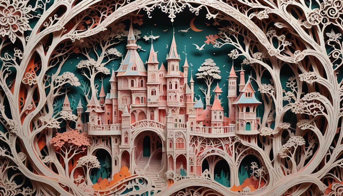 Intricate Kirigami Fantasy Illustration in Digital Art Style