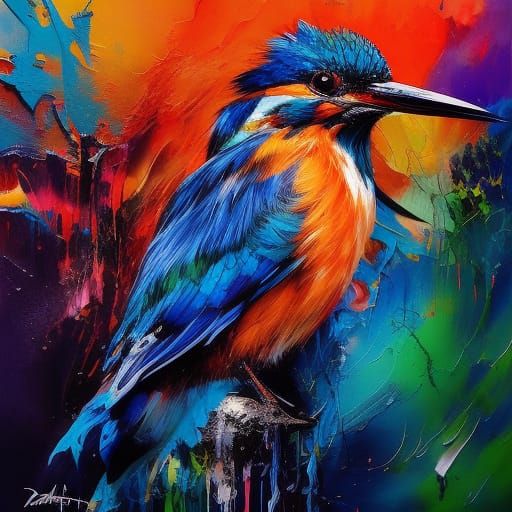 Colorful Ink Splash Kingfisher in Oil Painting Style