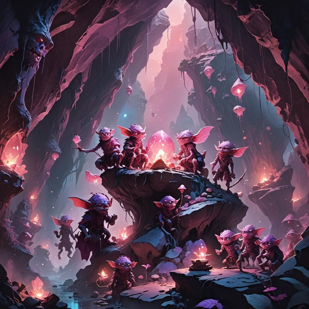 Mystical Cave Goblins Gathered Around Glowing Artifact