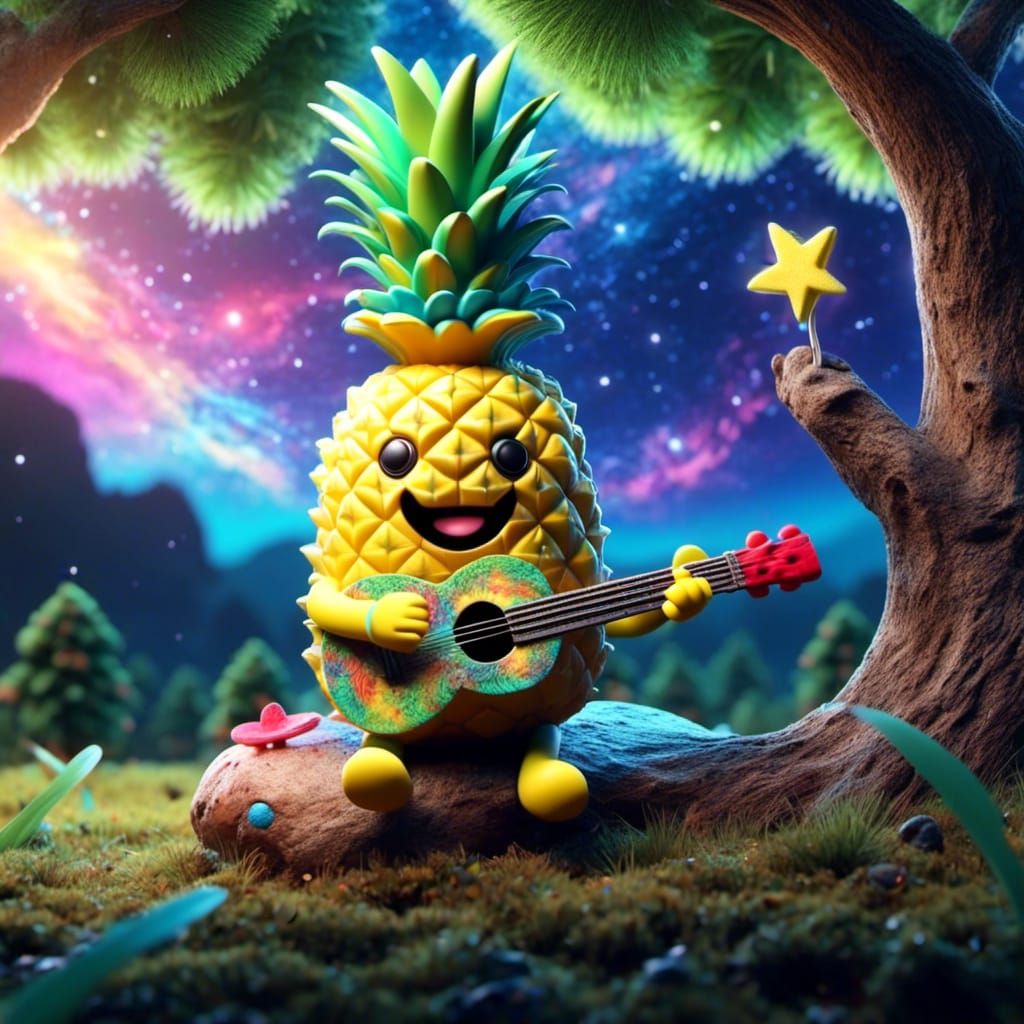 Happy Feather Pineapple Guitar Serenade Under Starry Sky