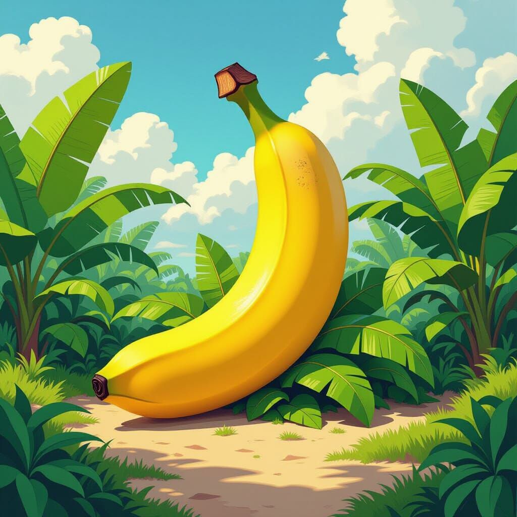 Gigantic Banana in Surreal Landscape, Whimsical Style