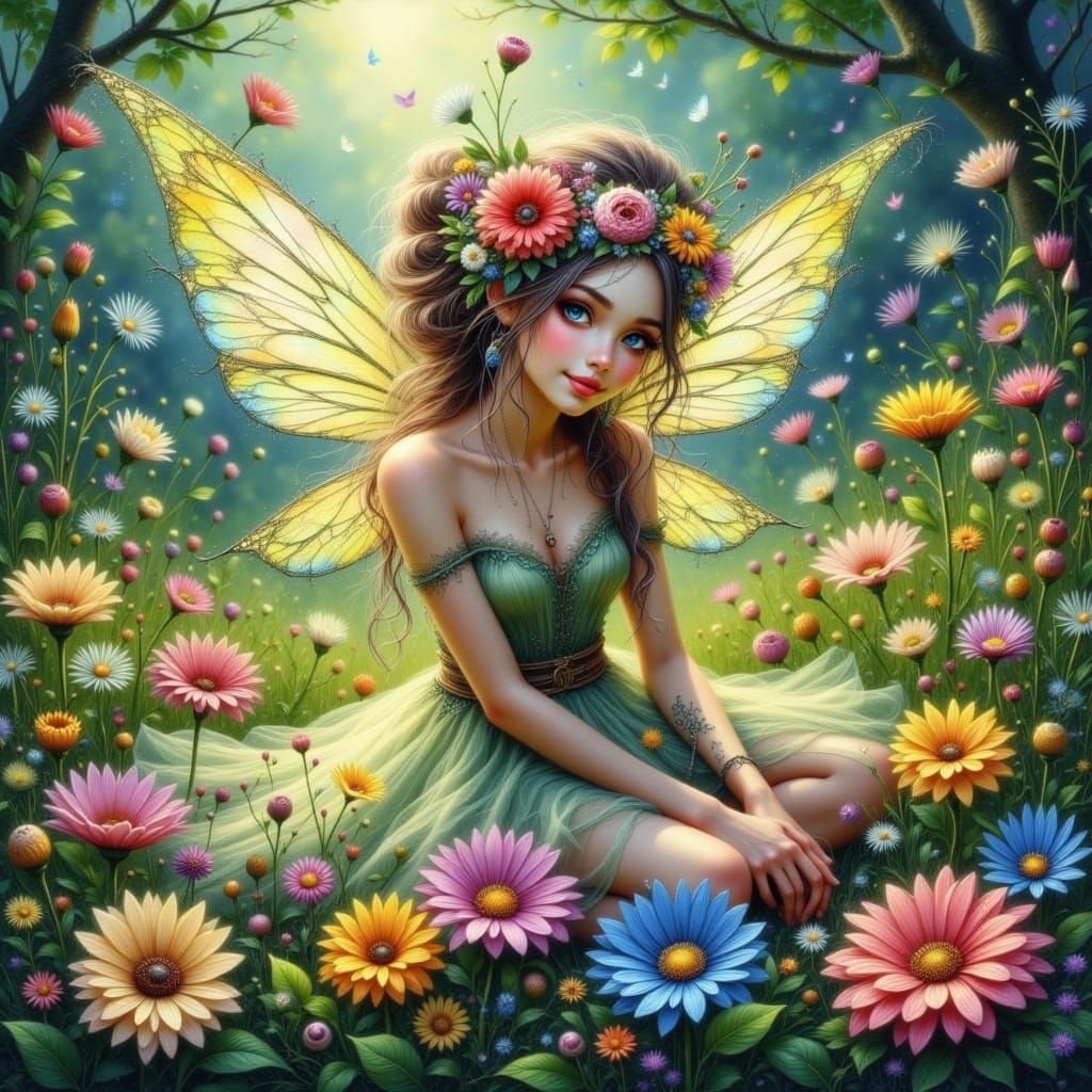Whimsical Fairy in Lush Meadow, Bohemian Style