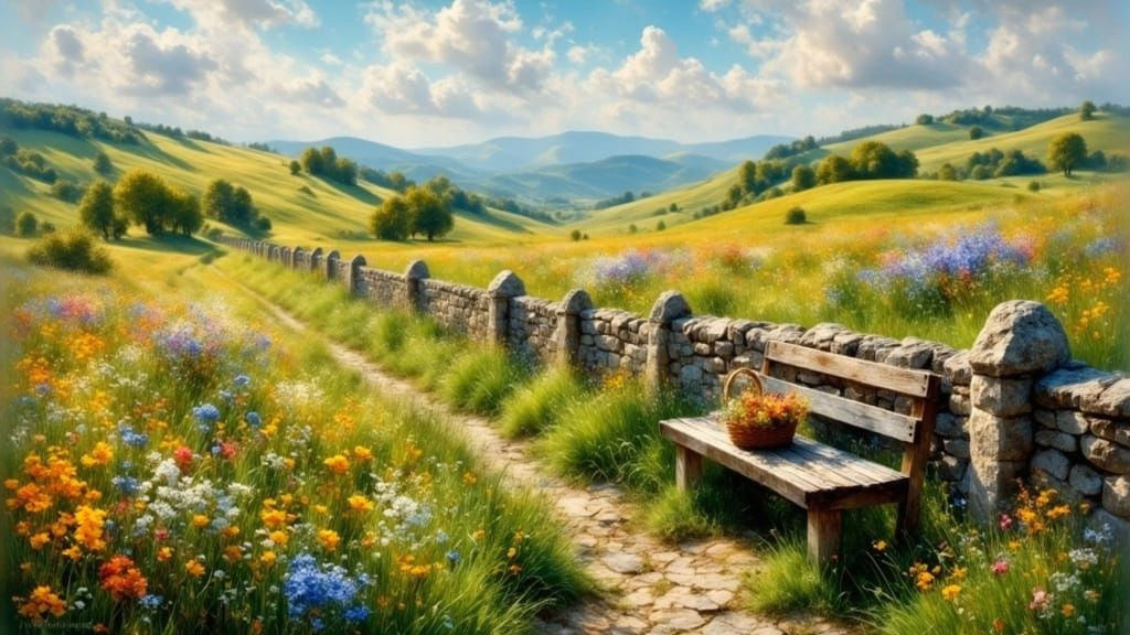 Dreamy Wildflower Landscape with Serene Stone Fence
