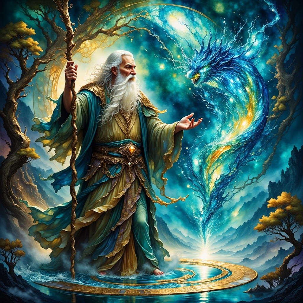 Wizard Summons Water Elemental in Chinese Fantasy Style
