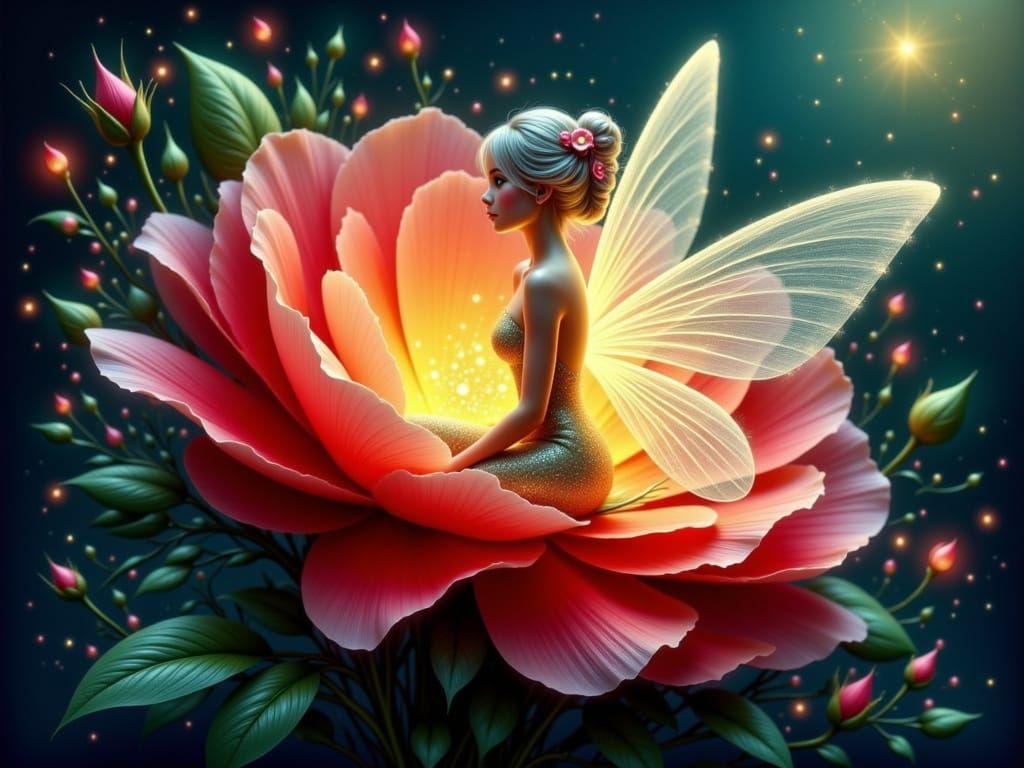 Neon Fairy Inside Giant Luminous Rose