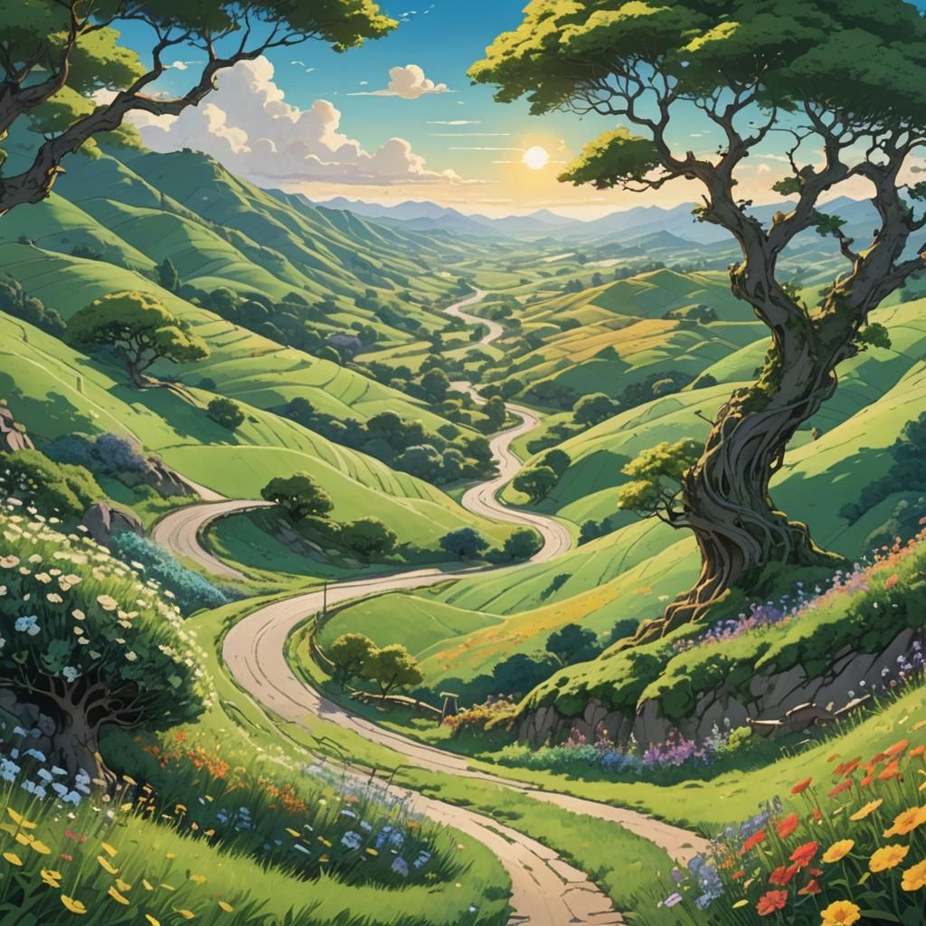 Lush Green Hills and Winding Road in Fantasy Art