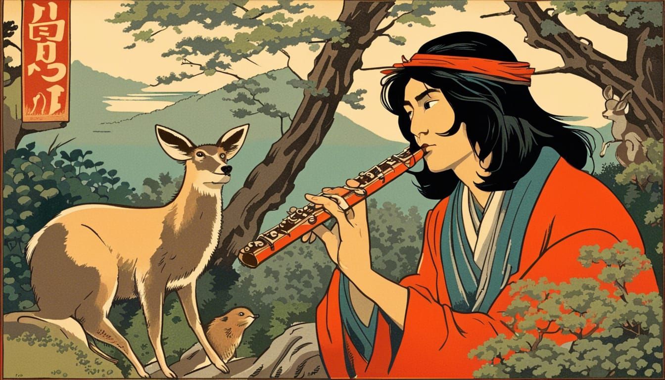 Feudal Japan Whistle Player in Soviet Poster Art