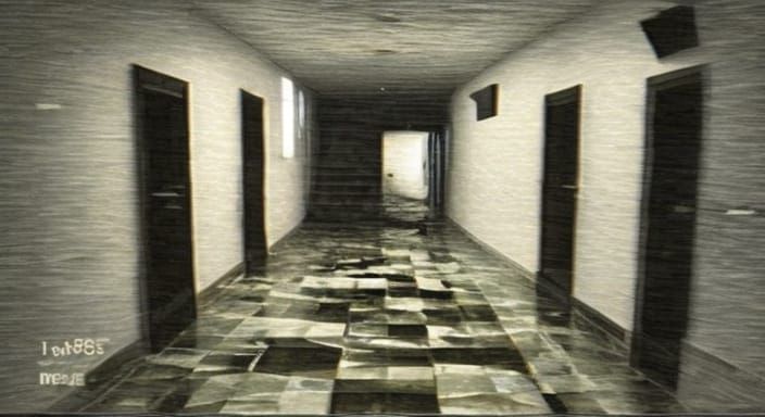 <lora:VHS:1.0>An endless hallway with floating doors, each l...