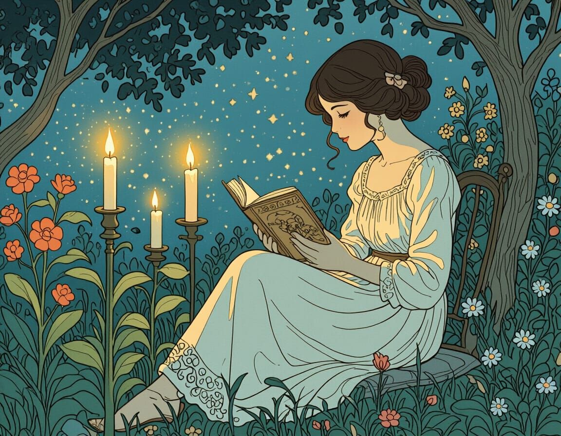 Girl Reading by Candlelight in Detailed Garden