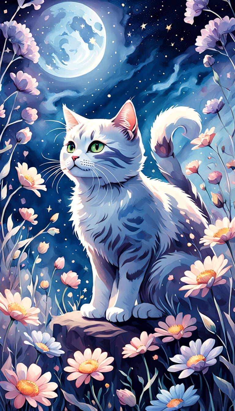 Whimsical Cat in a Dreamy Celestial Garden