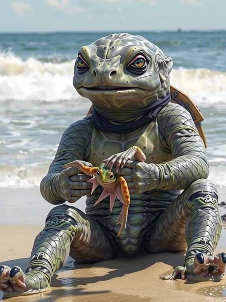 Alien Turtle Creature Connects with Frog on Serene Beach