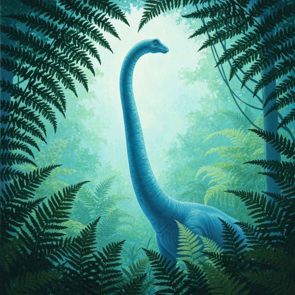 Brachiosaur partly visible through a forest of ferns, stylised, blues and greens