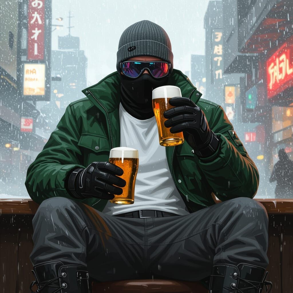 Man Enjoys Beer in Futuristic Industrial Setting