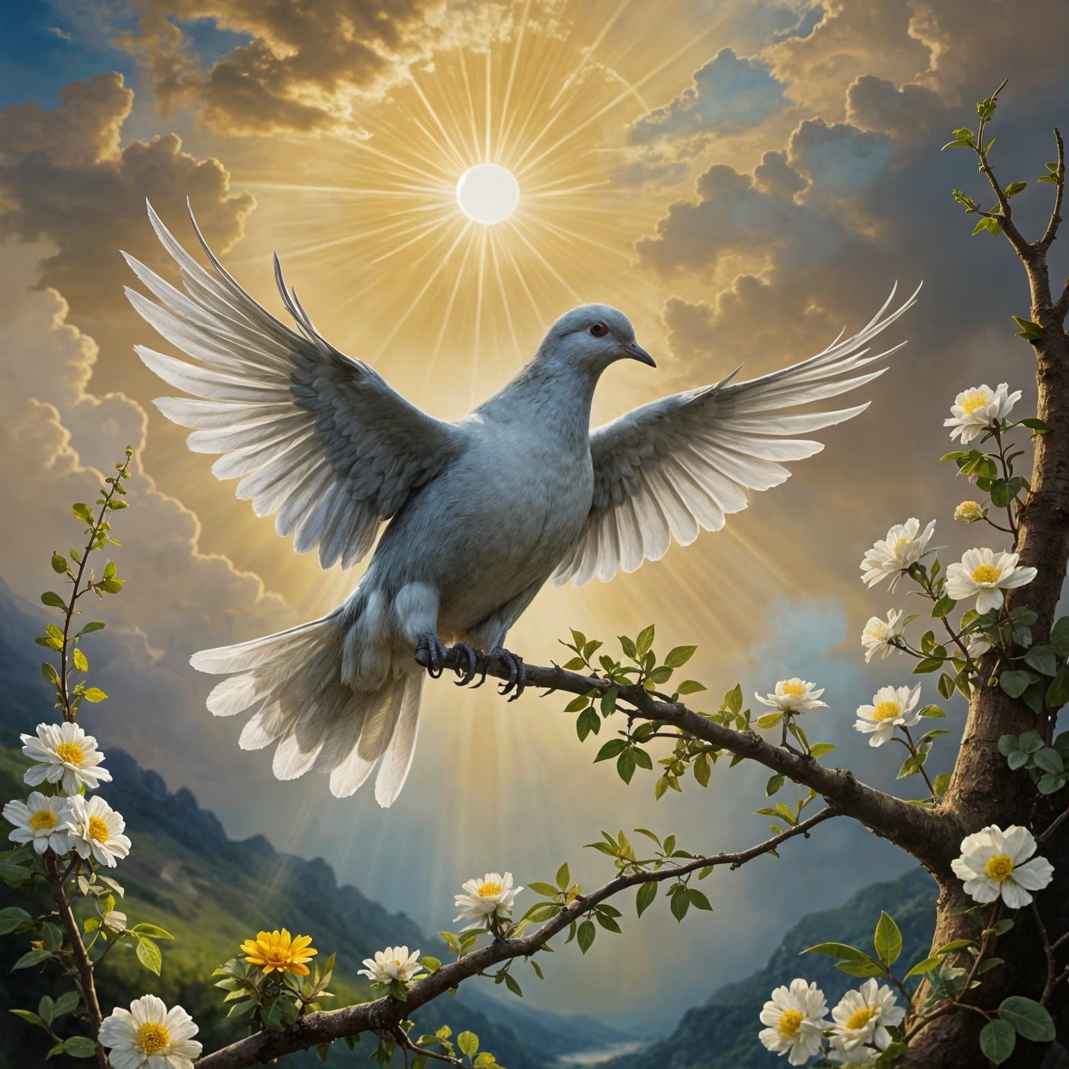 Angel Dove with Olive Branch in Soft Focus Heavenly Light