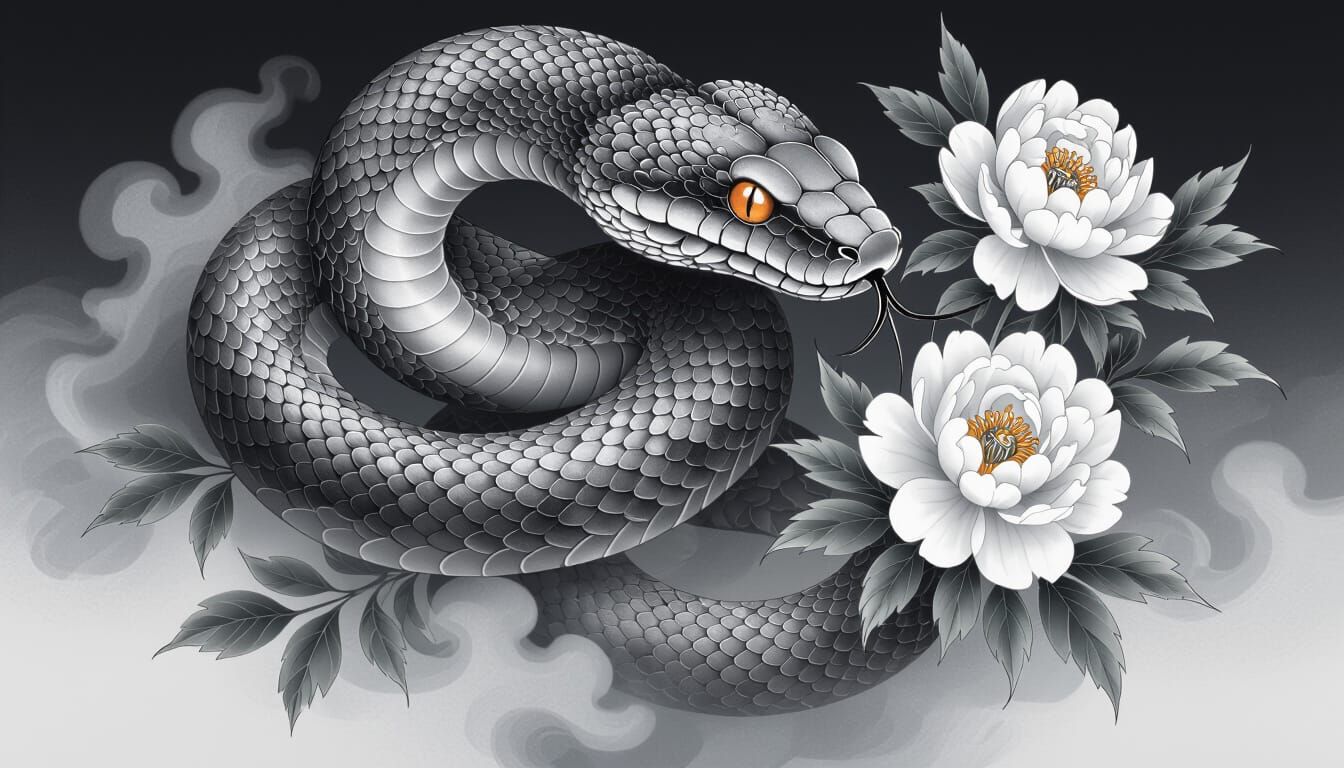 Coiled Japanese Snake Tattoo Design with Peonies