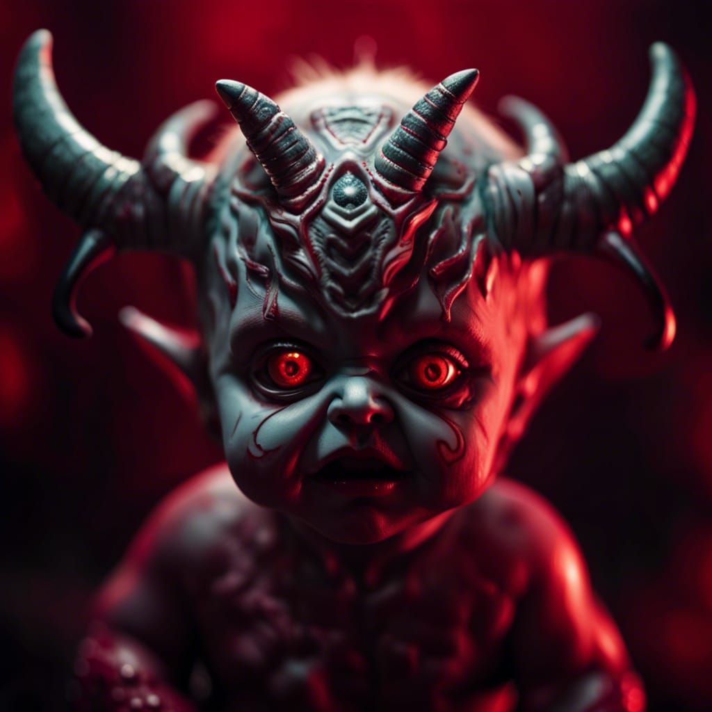 Bionic Demon Baby with Horns in Hyperrealistic Style