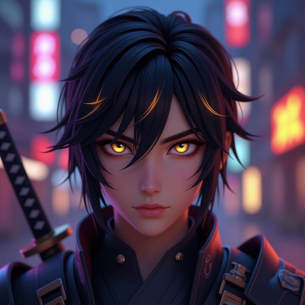 Cyberpunk Samurai Portrait with Golden Gaze