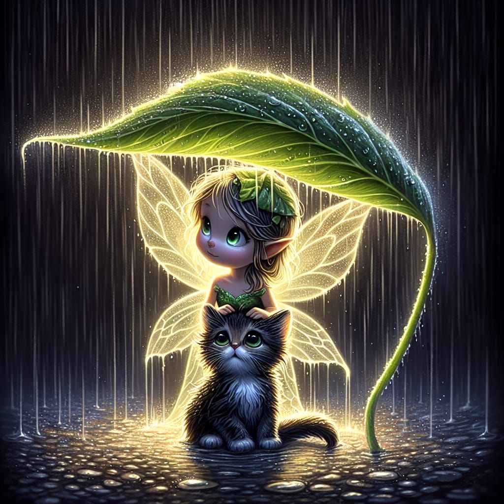 Fairy Protects Kitten from Rain with Leaf