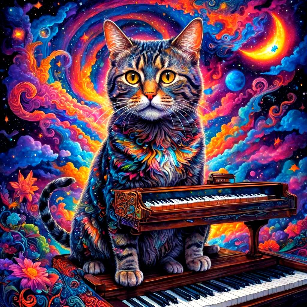 Cat Plays Piano: Holographic Cosmic Illustration