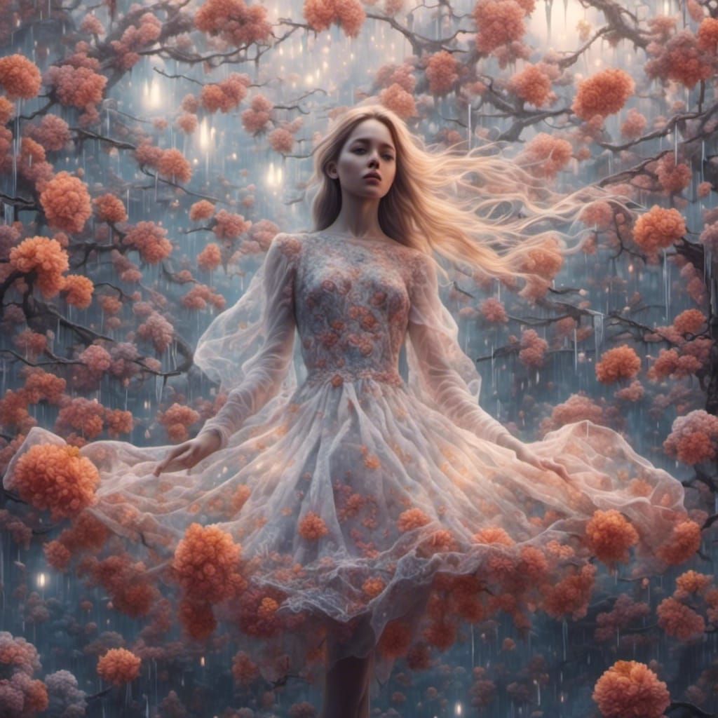 Girl in Floral Dress Floating in Air