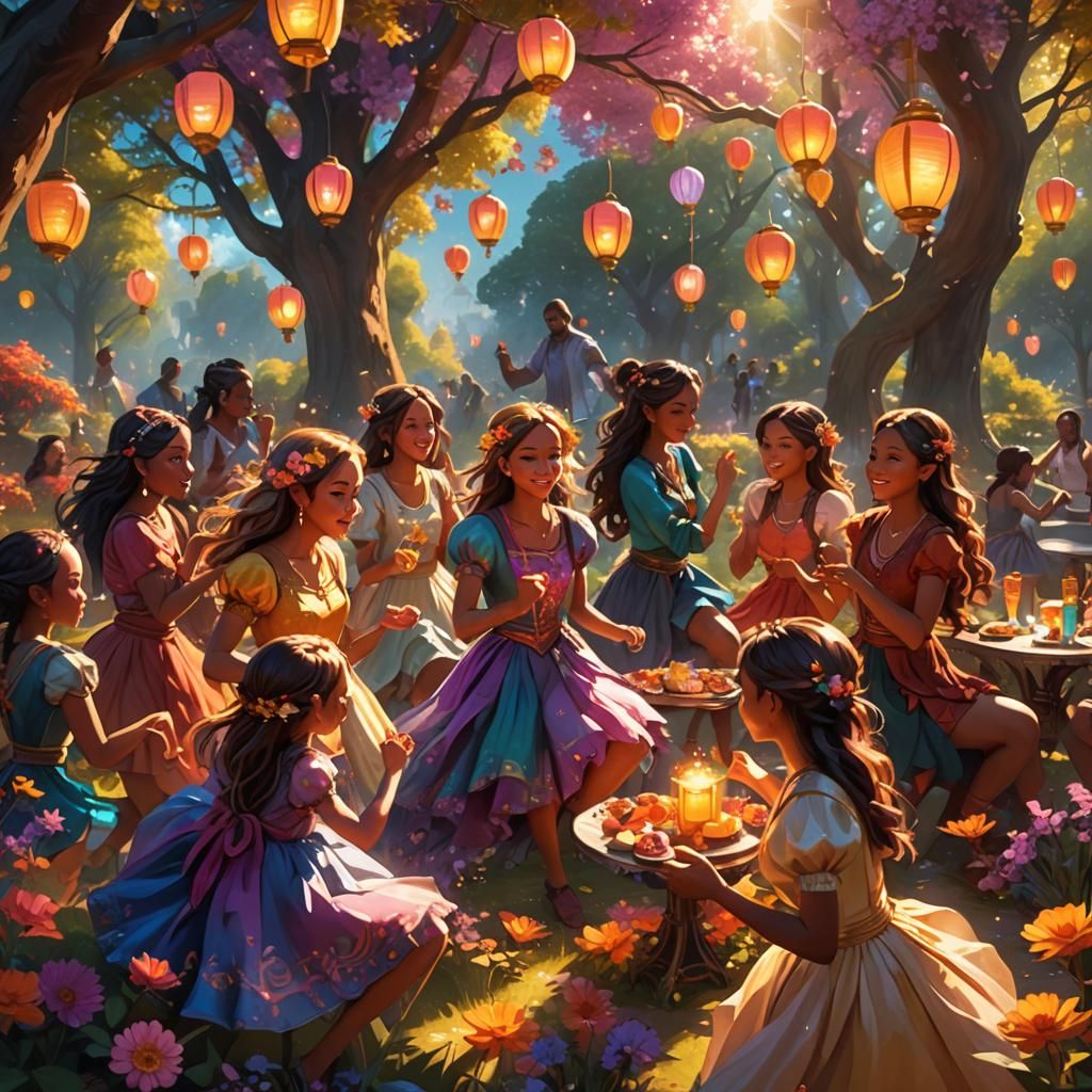 Girls Dancing in a Fantasy Park: Vibrant Concept Art