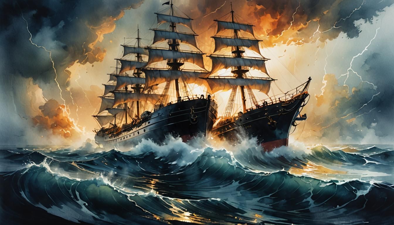 Ship Navigating Stormy Seas in Watercolor Style
