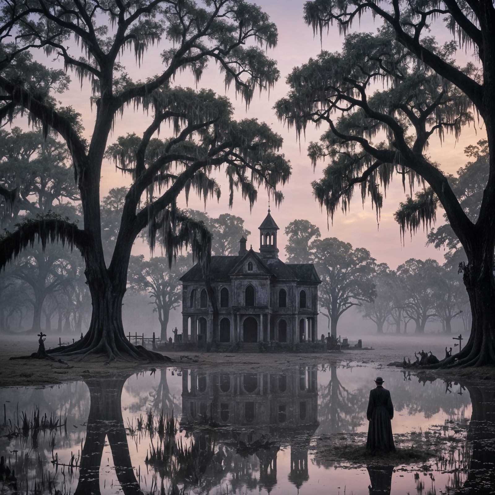 Gothic Louisiana Plantation Scene with Graveyard