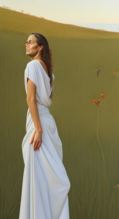 Iridescent Yokai Woman Portrait in Kinetic Pointillism Style