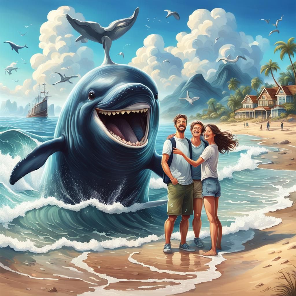 Beach Selfie with Whale in Hyperrealistic Style