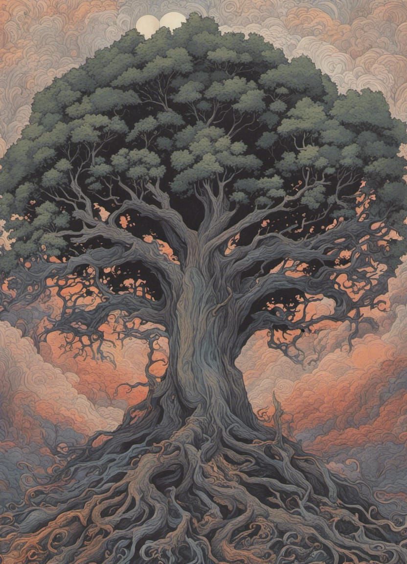 Midnight Tree Gouache Art Deco Post-Apocalyptic