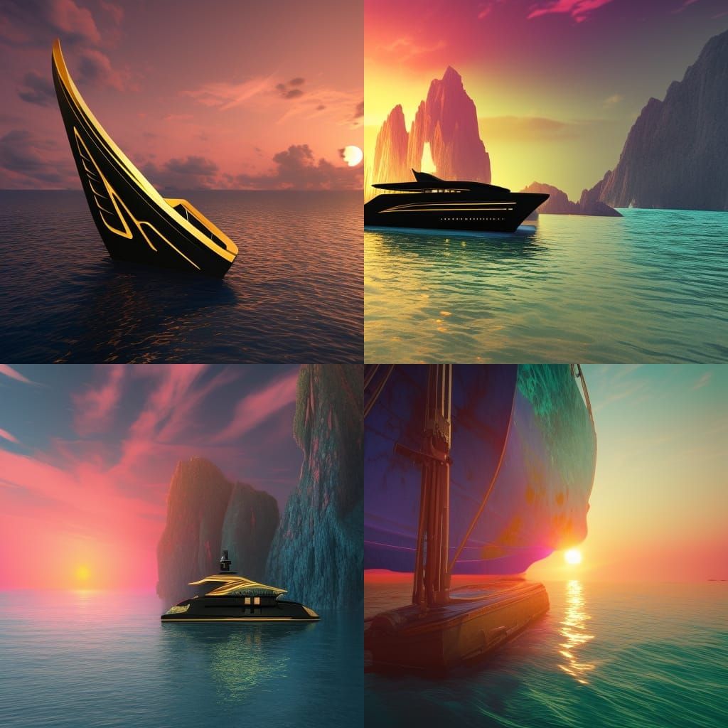 Black and gold yacht on bluish green water with pinkish red sunset