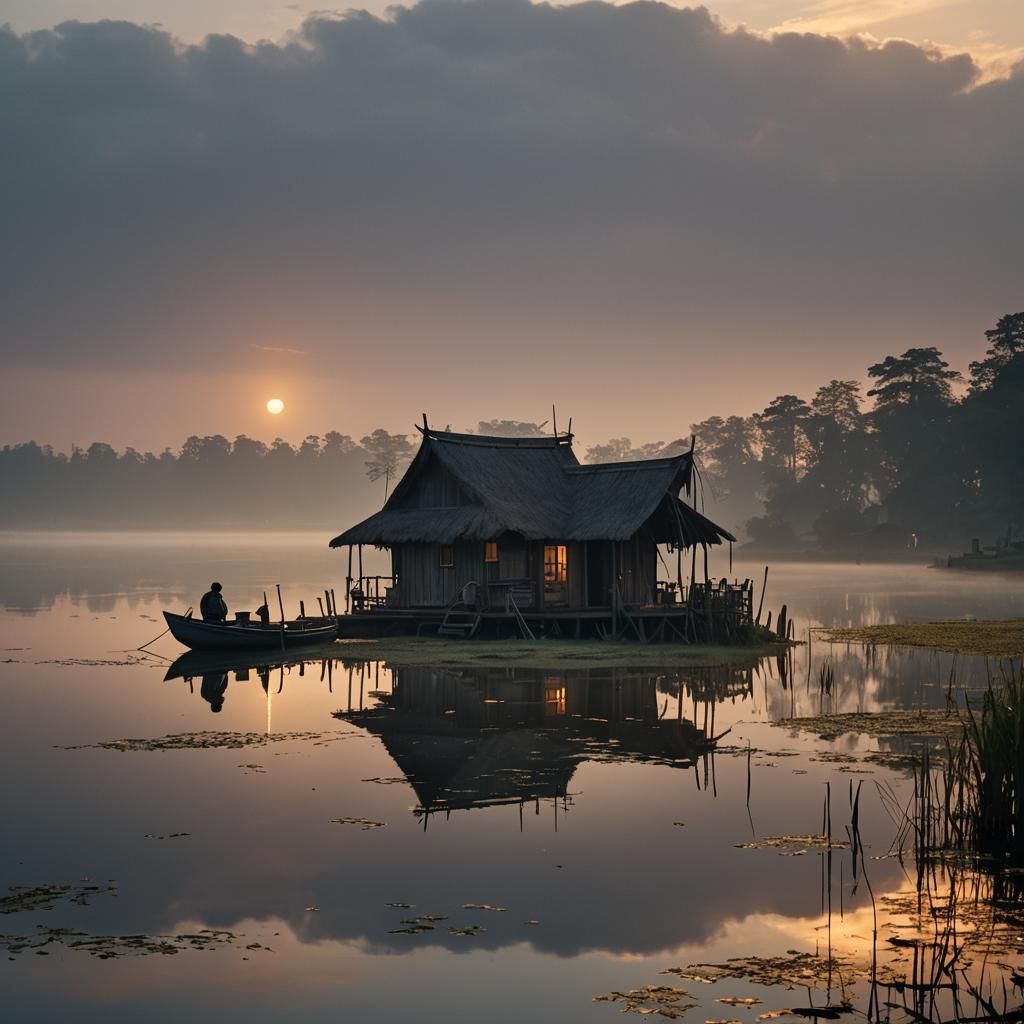 Twilight Fisherman at Misty Lake Cottage