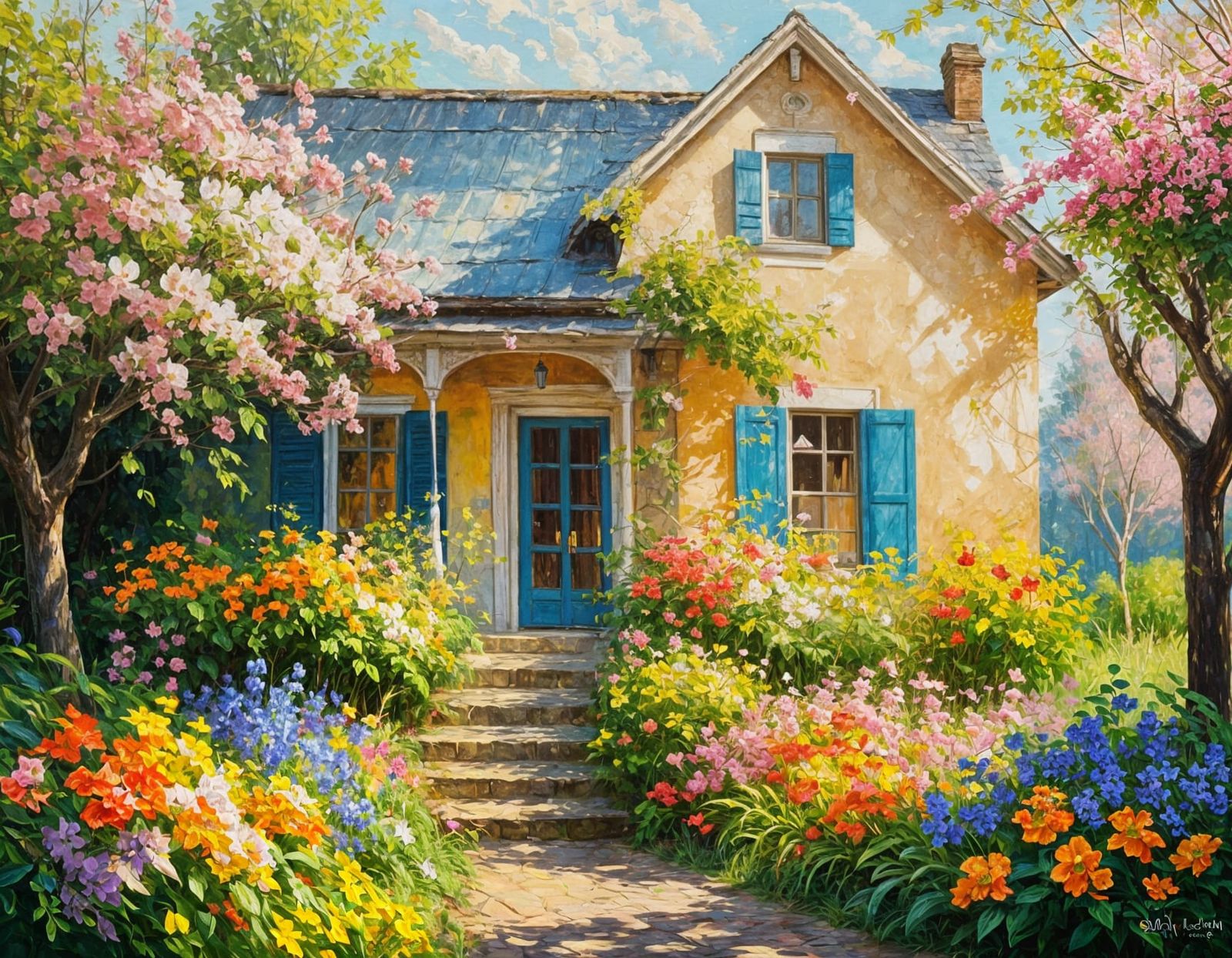 Impressionist Oil Painting of a Beautiful Old House and Gard...