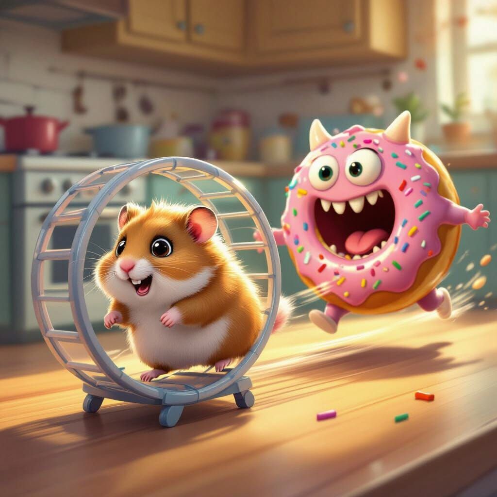 Fluffy Hamster Escapes Donut Monster in Cartoon Kitchen