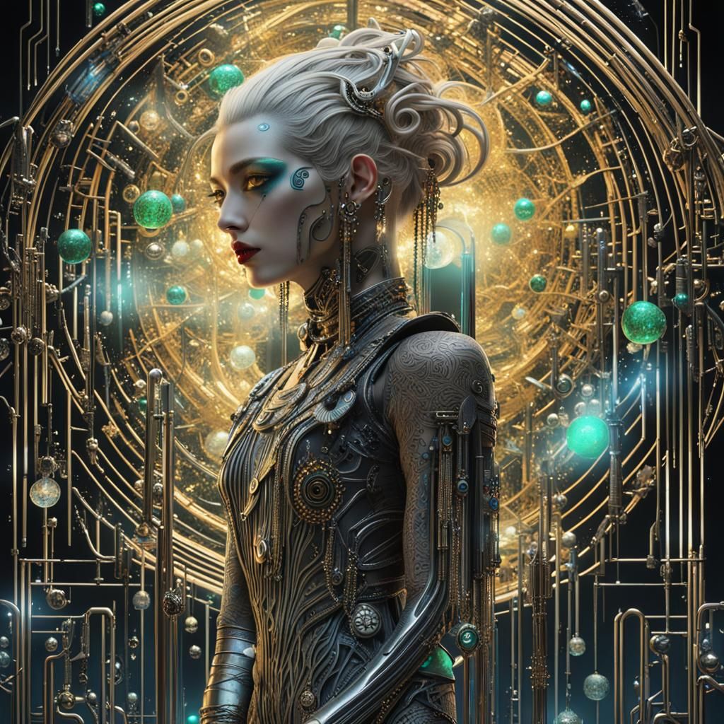 Cyberpunk Geisha in Gothic Art Deco Setting